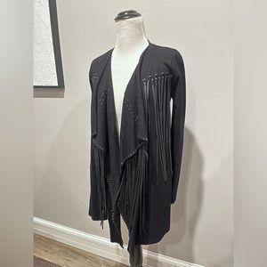 ZARA KNIT Black Leather Fringe Sweater Jacket Coat Medium Asymmetic